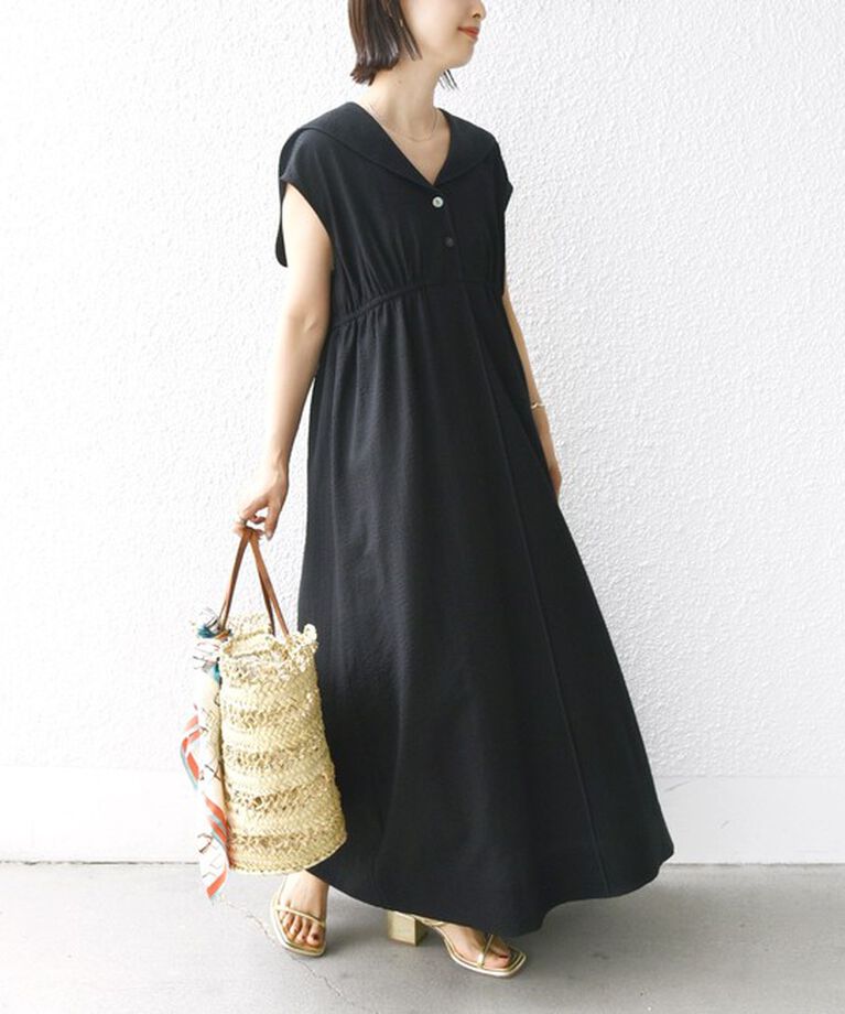 SHIPS for women「【WEB限定】〈手洗い可能〉セーラーカラー パイピング ロング ワンピース」|ワンピース|
