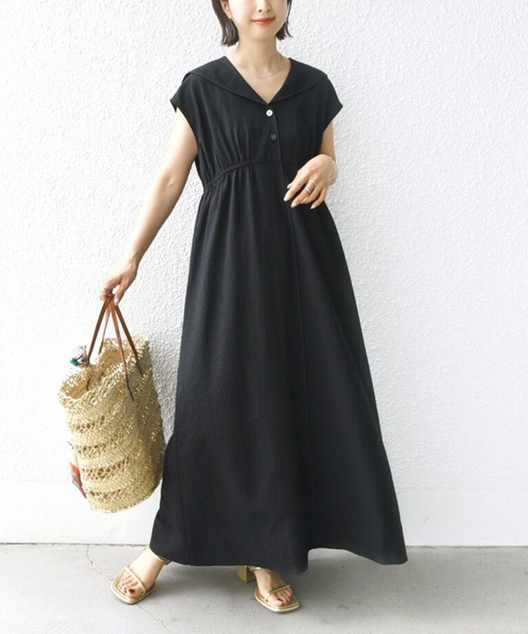 SHIPS for women「【WEB限定】〈手洗い可能〉セーラーカラー パイピング ロング ワンピース」|ワンピース|