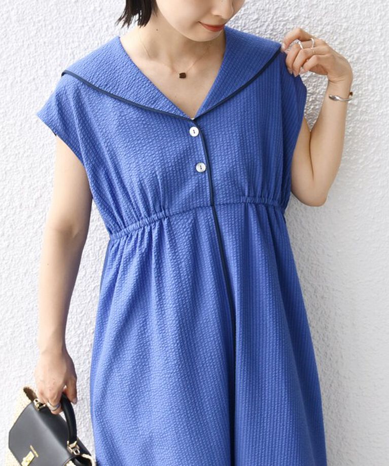 SHIPS for women「【WEB限定】〈手洗い可能〉セーラーカラー パイピング ロング ワンピース」|ワンピース|