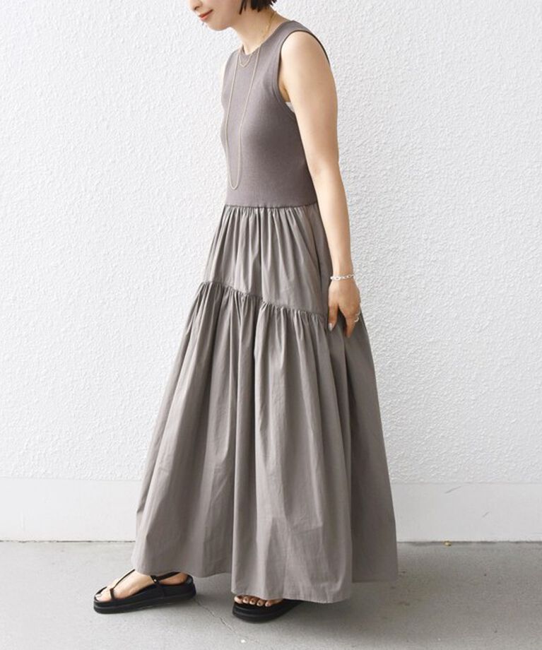 SHIPS for women「〈手洗い可能〉コットン リブ ノースリーブ × 布帛 スカート ワンピース」|ワンピース|