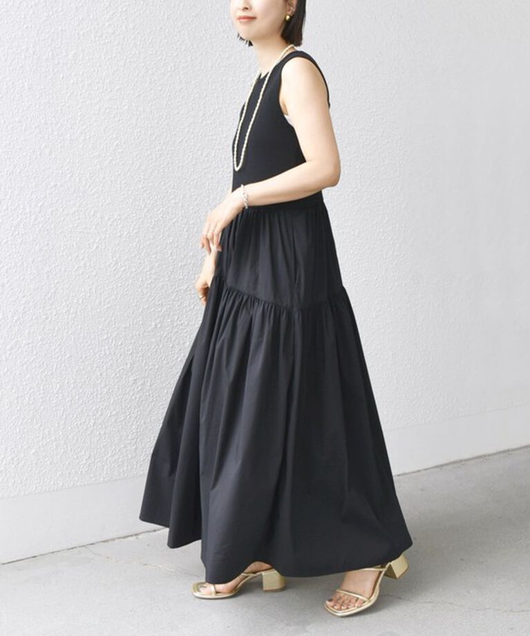 SHIPS for women「〈手洗い可能〉コットン リブ ノースリーブ × 布帛 スカート ワンピース」|ワンピース|