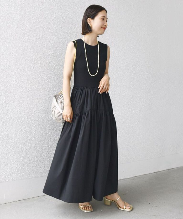 SHIPS for women「〈手洗い可能〉コットン リブ ノースリーブ × 布帛 スカート ワンピース」|ワンピース|