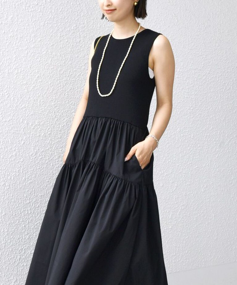 SHIPS for women「〈手洗い可能〉コットン リブ ノースリーブ × 布帛 スカート ワンピース」|ワンピース|