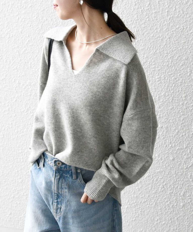 SHIPS any「【WEB限定】SHIPS any: 〈手洗い可能〉AQUA カシミヤ ミックス スキッパー カラー プルオーバー」|ニット・セーター|