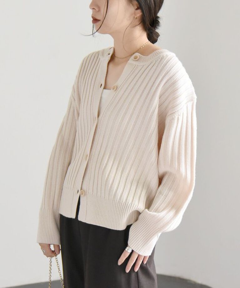 quaranciel「quaranciel:〈手洗い可能〉ファインウール ワイド リブ クルーネック カーディガン」|カーディガン|