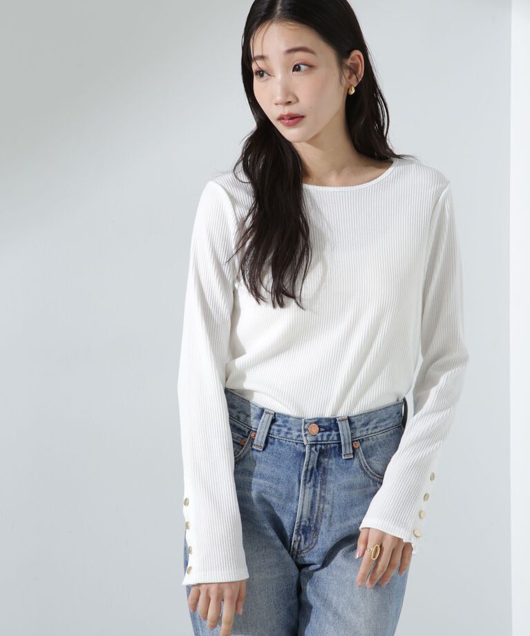 nano･universe「メタルボタンスリーブクルーネックリブカットトップス」|Tシャツ・カットソー|