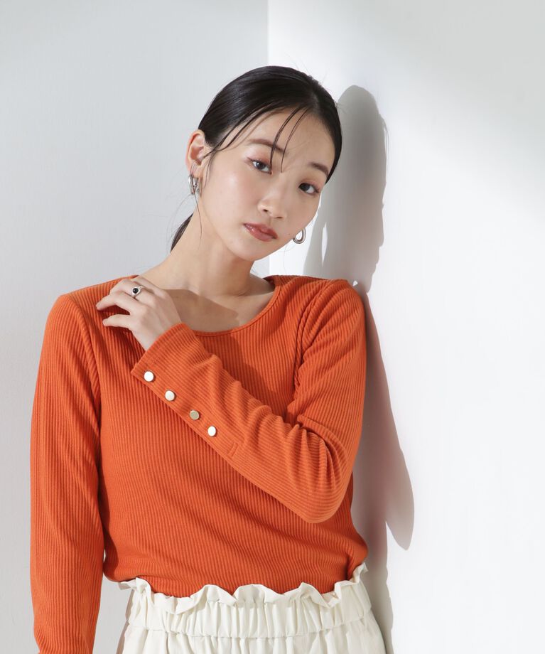 nano･universe「メタルボタンスリーブクルーネックリブカットトップス」|Tシャツ・カットソー|オレンジ