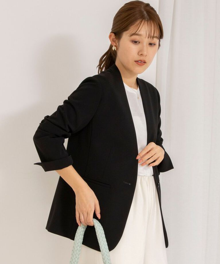 NOLLEY'S「《セットアップ対応》ウォッシャブルダブルクロスVネックジャケット」|ノーカラージャケット|