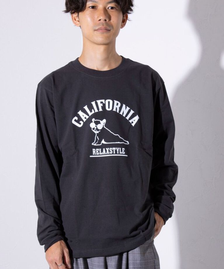 GLOSTER「【GLOSTER/グロスター】ヨガ犬 クルーネック ロングスリーブ 長袖プリントTシャツ」|Tシャツ・カットソー|チャコールグレー