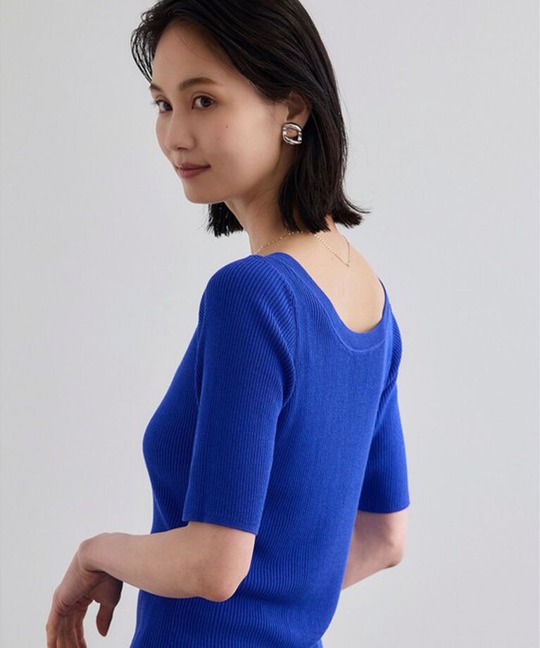 ROPE「【WEB・一部店舗限定】前後2WAYボートネックリブ5分袖ニット/洗える」|ニット・セーター|