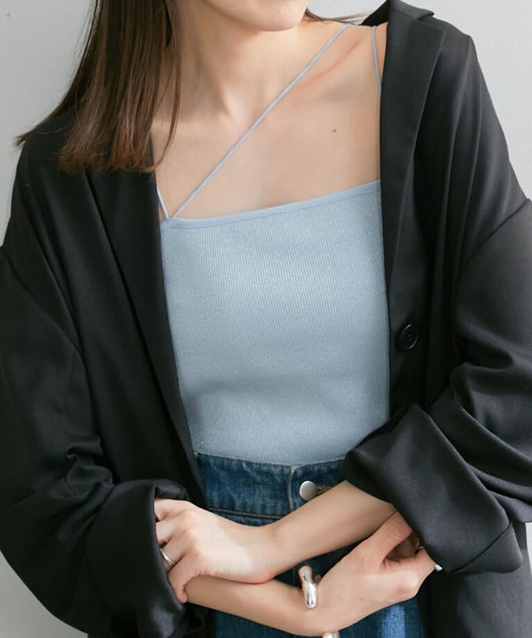  「【カラバリ豊富/2WAY】カップ付き丸紐ベアキャミ」|キャミソール|サックスブルー