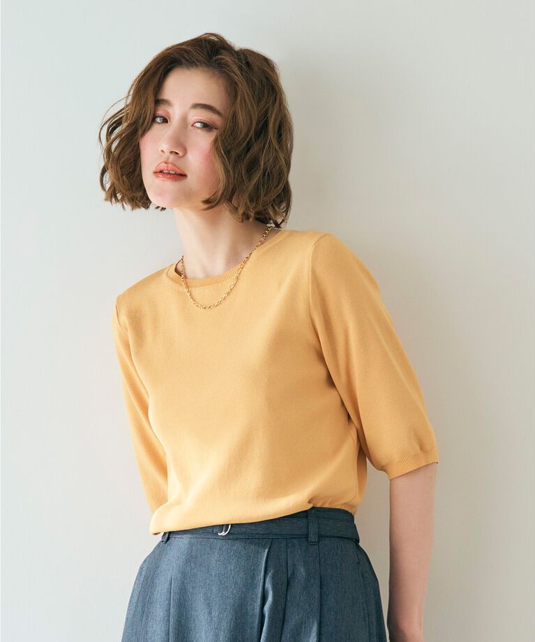 grove「雑誌掲載【多機能】やわらかドライタッチ五分袖プルオーバー」|ニット・セーター|イエロー(032)