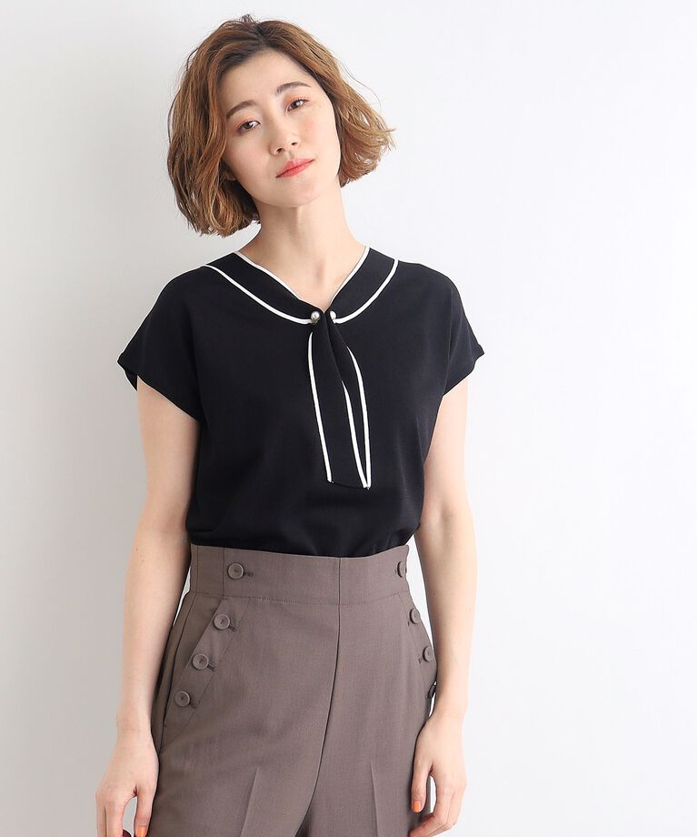 grove「【接触冷感／UV／抗ピル】取り外しパール調ピン付きボウタイニット」|ニット・セーター|ブラック(019)