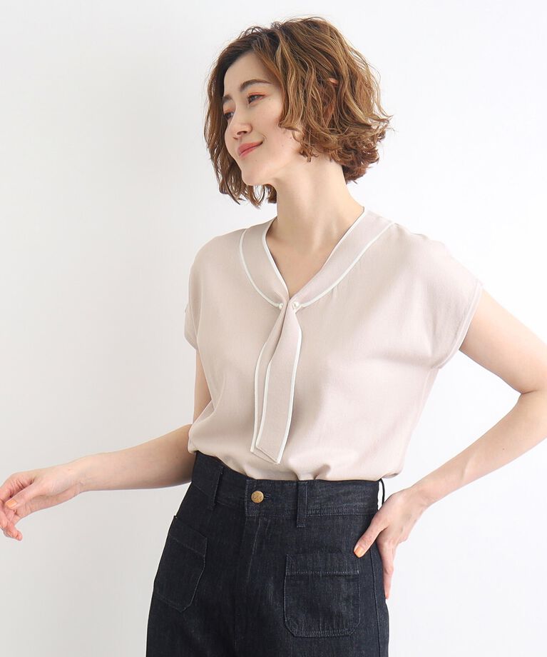 grove「【接触冷感／UV／抗ピル】取り外しパール調ピン付きボウタイニット」|ニット・セーター|グレージュ(050)