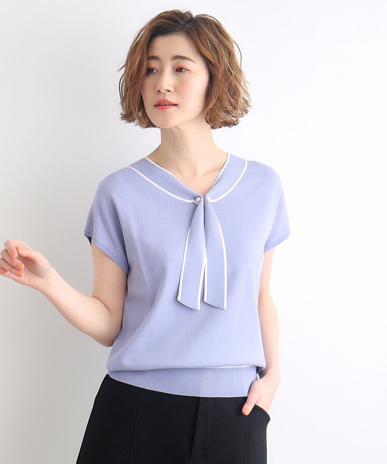 grove「【接触冷感／UV／抗ピル】取り外しパール調ピン付きボウタイニット」|ニット・セーター|ブルー(091)