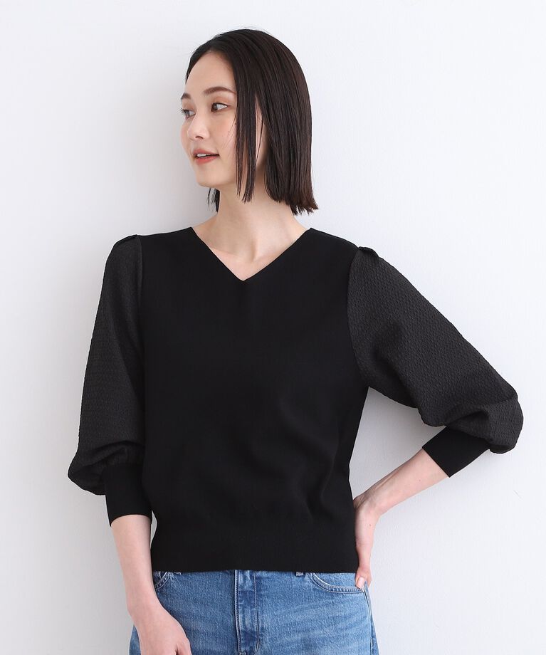 INDIVI「【洗える】袖コンシャス Vネックニット」|ニット・セーター|ブラック(019)