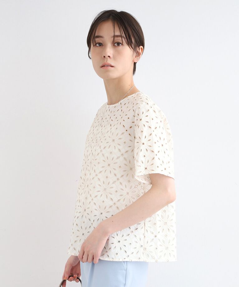 INDIVI「【オリジナル刺繍】レース半袖ブラウス」|シャツ・ブラウス|
