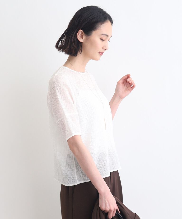 INDIVI「【洗える／凹凸素材】パフスリーブTブラウス」|Tシャツ・カットソー|