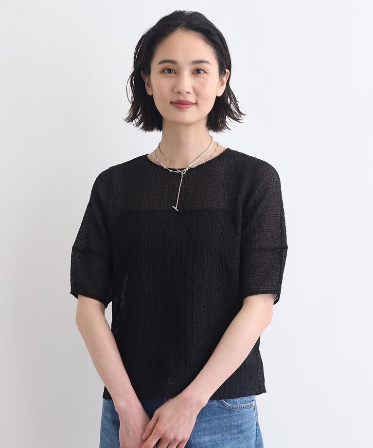 INDIVI「【洗える／凹凸素材】パフスリーブTブラウス」|Tシャツ・カットソー|ブラック(019)