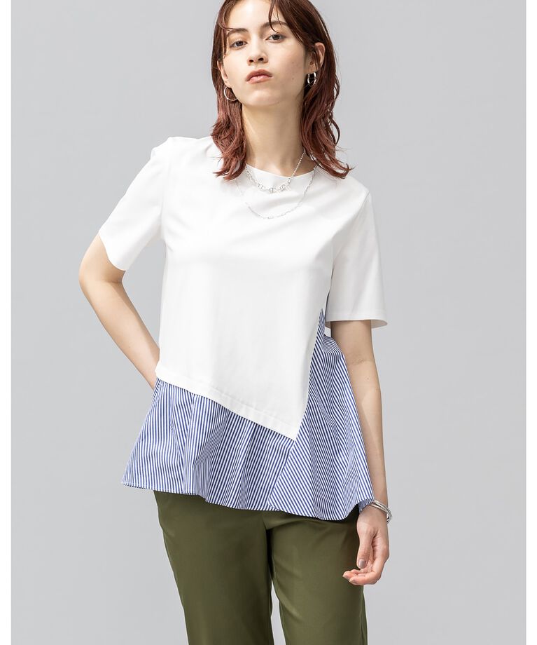 INDIVI「【洗える／ストライプ柄】レイヤード風Tシャツ」|Tシャツ・カットソー|ホワイト(001)