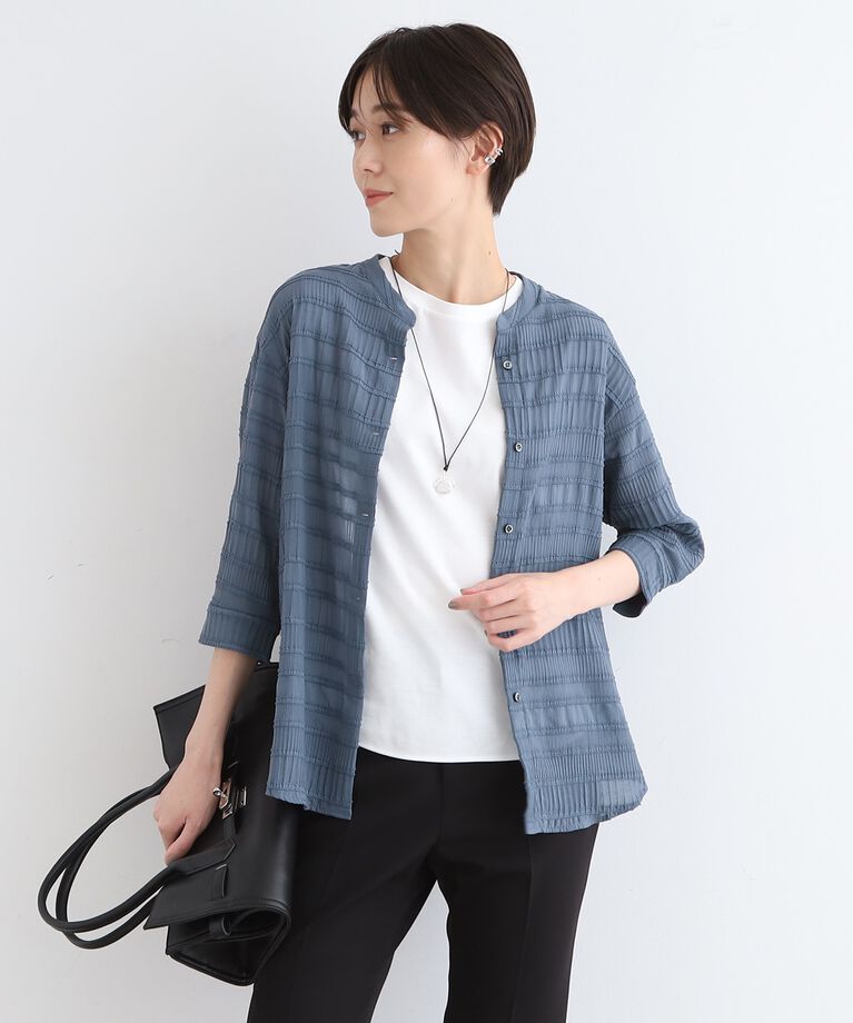INDIVI「【洗える】シャーリングバンドカラーブラウス」|シャツ・ブラウス|