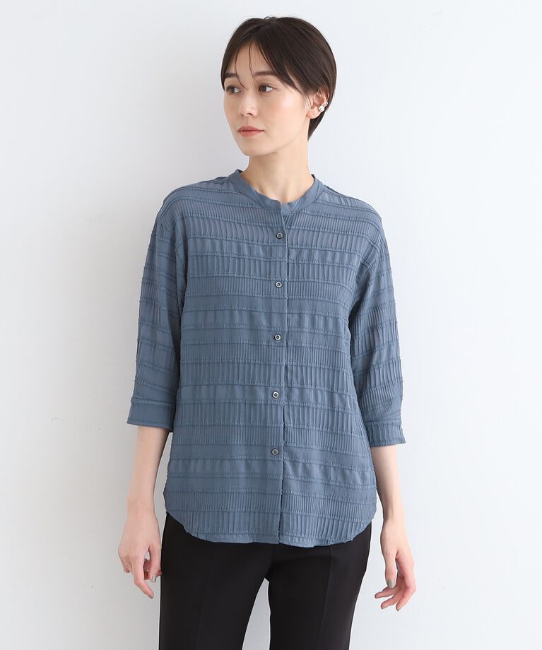 INDIVI「【洗える】シャーリングバンドカラーブラウス」|シャツ・ブラウス|