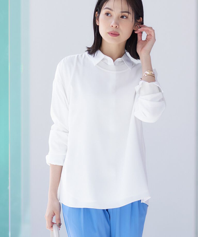 INDIVI「【洗える】異素材ドッキングトップス」|Tシャツ・カットソー|ﾎﾜｲﾄ(001)