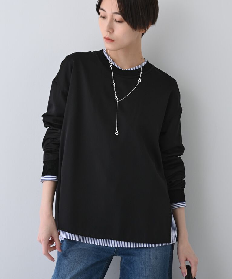 INDIVI「【洗える】異素材ドッキングトップス」|Tシャツ・カットソー|ﾌﾞﾗｯｸ(019)