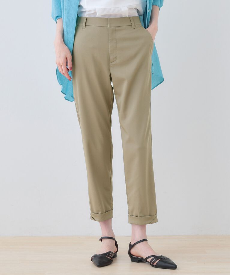 INDIVI「【洗える／高ストレッチ】クロップド丈サテンテーパードパンツ」|その他|オリーブグリーン(0