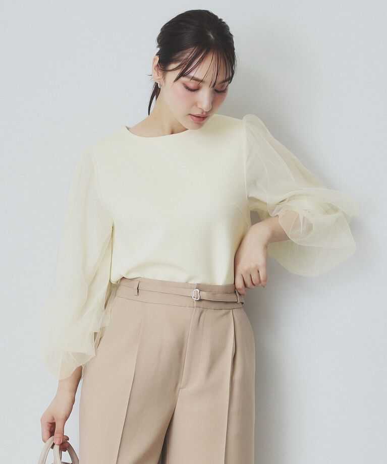 index「ビジュー付きチュールバルーンスリーブトップス【洗濯機洗い可】」|Tシャツ・カットソー|オフホワイト(003