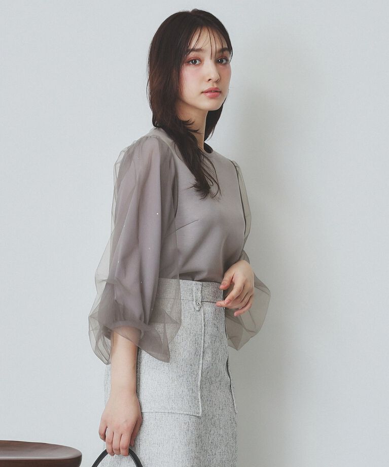 index「ビジュー付きチュールバルーンスリーブトップス【洗濯機洗い可】」|Tシャツ・カットソー|