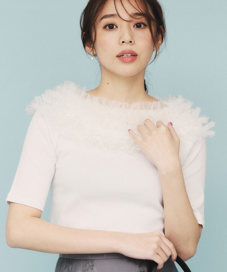 index「《美人百花掲載》チュールフリルリブトップス【洗濯機洗い可】」|Tシャツ・カットソー|オフホワイト(003