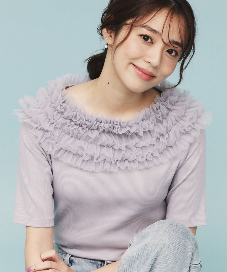 index「《美人百花掲載》チュールフリルリブトップス【洗濯機洗い可】」|Tシャツ・カットソー|ブルー(091)
