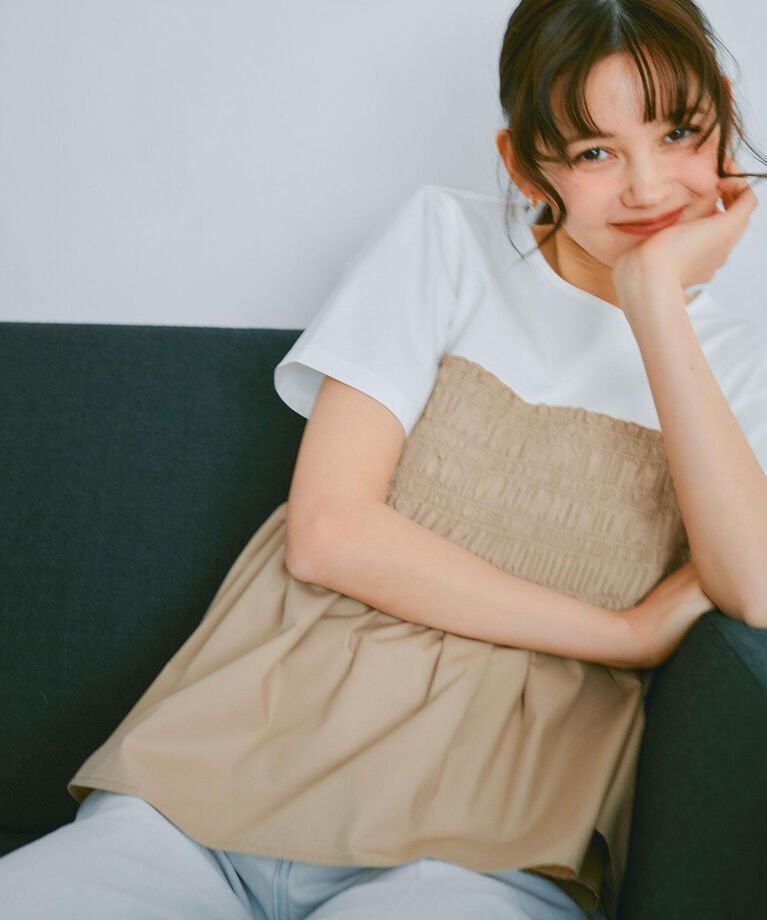 index「シャーリングドッキングペプラムトップス【洗濯機洗い可】」|Tシャツ・カットソー|