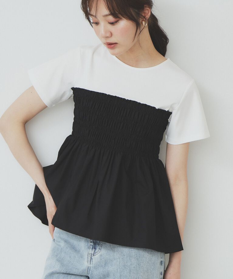index「シャーリングドッキングペプラムトップス【洗濯機洗い可】」|Tシャツ・カットソー|