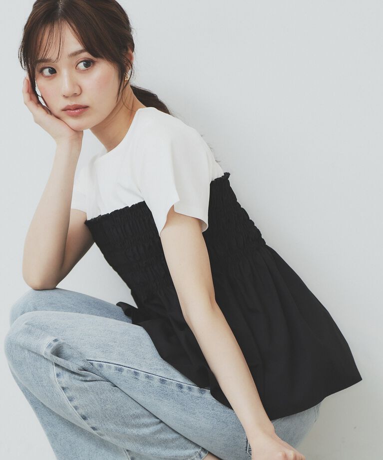index「シャーリングドッキングペプラムトップス【洗濯機洗い可】」|Tシャツ・カットソー|ブラック(519)