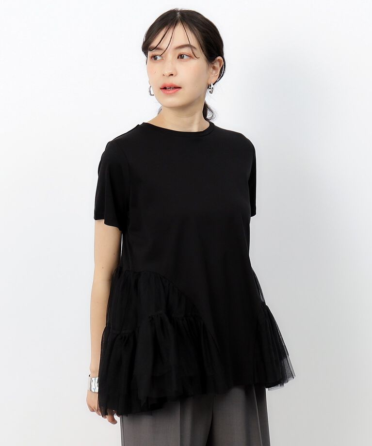 OPAQUE.CLIP「チュールドッキングティアードカットソー【洗濯機洗い可】」|Tシャツ・カットソー|ﾌﾞﾗｯｸ(019)