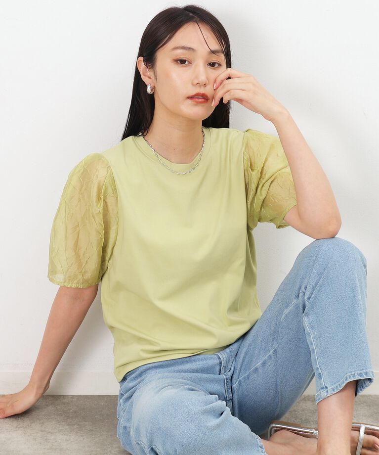 OPAQUE.CLIP「シアータックスリーブドッキングカットソー【洗濯機洗い可】」|Tシャツ・カットソー|ｸﾞﾘｰﾝ(025)