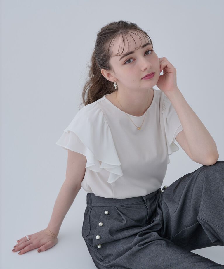 Couture broach「【接触冷感・UV・アンチピリング・二の腕カバー】フレアスリーブカットソー」|Tシャツ・カットソー|ｵﾌﾎﾜｲﾄ(003)
