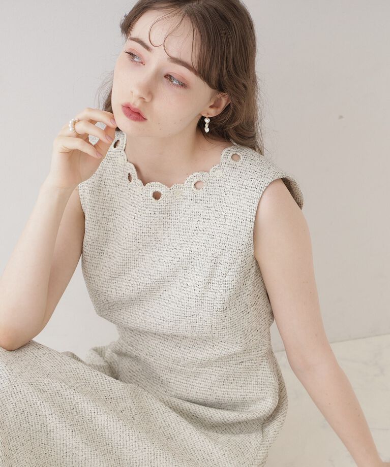 Couture broach「【美シルエット・上品ワンピ】エンブロネック ツイードワンピ」|ワンピース|