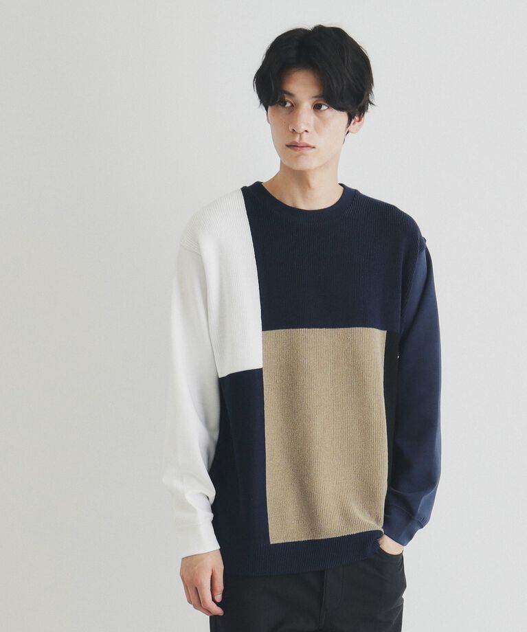 THE SHOP TK「異素材ブロッキングニットプルオーバー」|ニット・セーター|ネイビー(594)