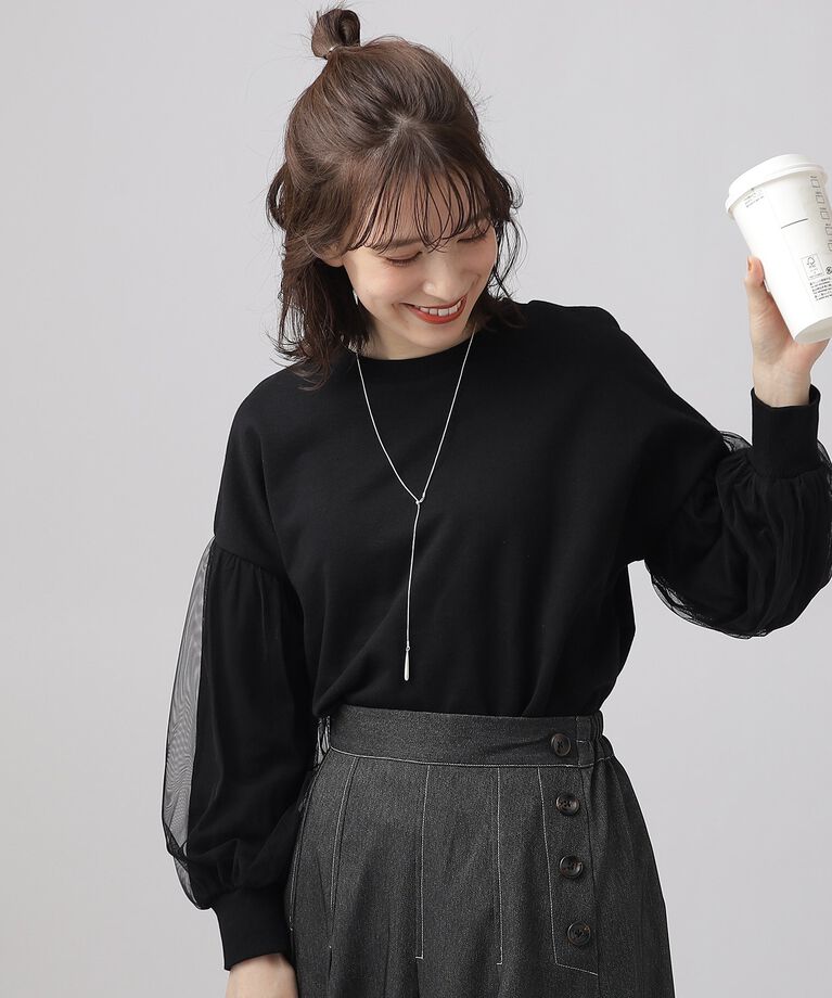 SHOO･LA･RUE「一枚で上品華やか お袖チュール 裏毛トップス」|パーカー|ブラック(019)