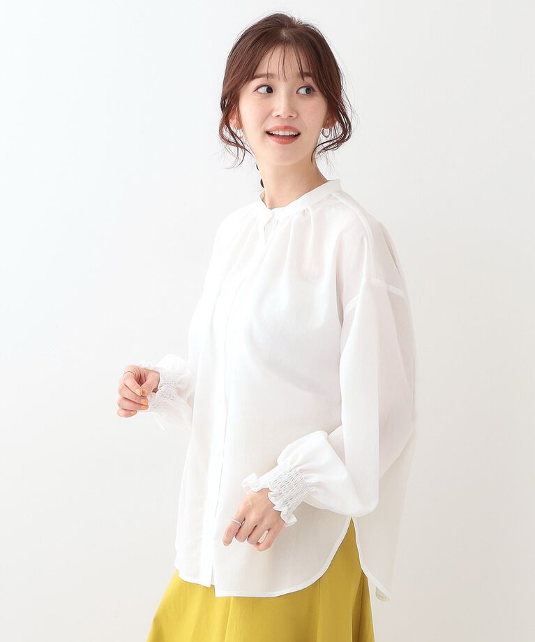 SHOO･LA･RUE「【洗える/UV/吸水速乾/アンチピリング/S-LL】バンドカラーギャザーシャツ」|シャツ・ブラウス|