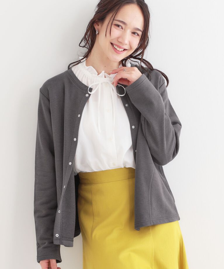 SHOO･LA･RUE「【洗える/S-LL】大人カジュアルコーデに ミニ裏毛スナップカーディガン」|カーディガン|チャコールグレー(0