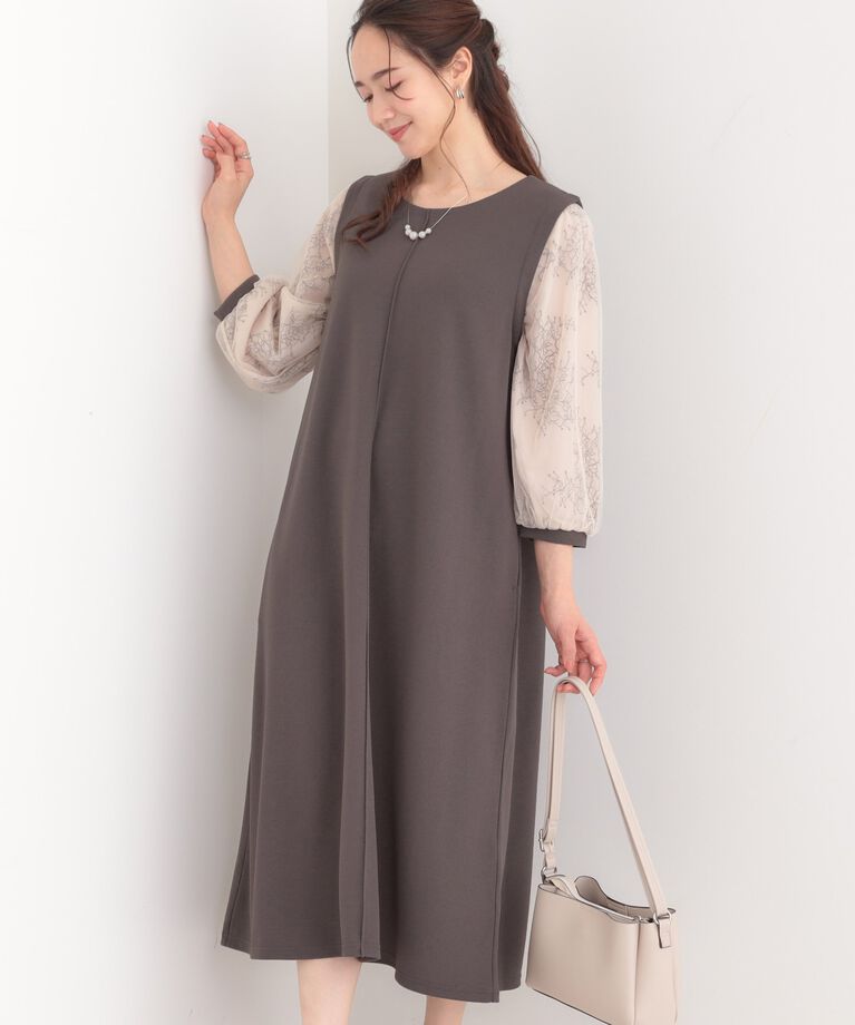 SHOO･LA･RUE「1枚で上品に決まる お袖レース切り替え7分袖ワンピース」|ワンピース|チャコールグレー(0