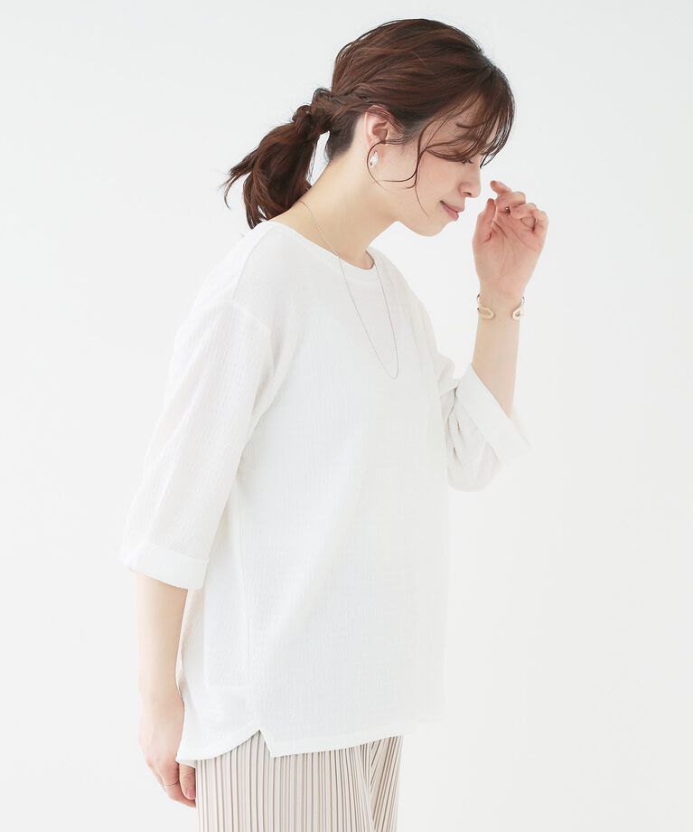 SHOO･LA･RUE「【洗える/S-LL】表面感が魅力 インせず決まる 裾タック5分袖トップス」|Tシャツ・カットソー|