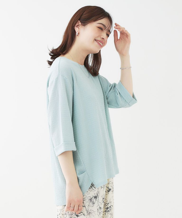 SHOO･LA･RUE「【洗える/S-LL】表面感が魅力 インせず決まる 裾タック5分袖トップス」|Tシャツ・カットソー|