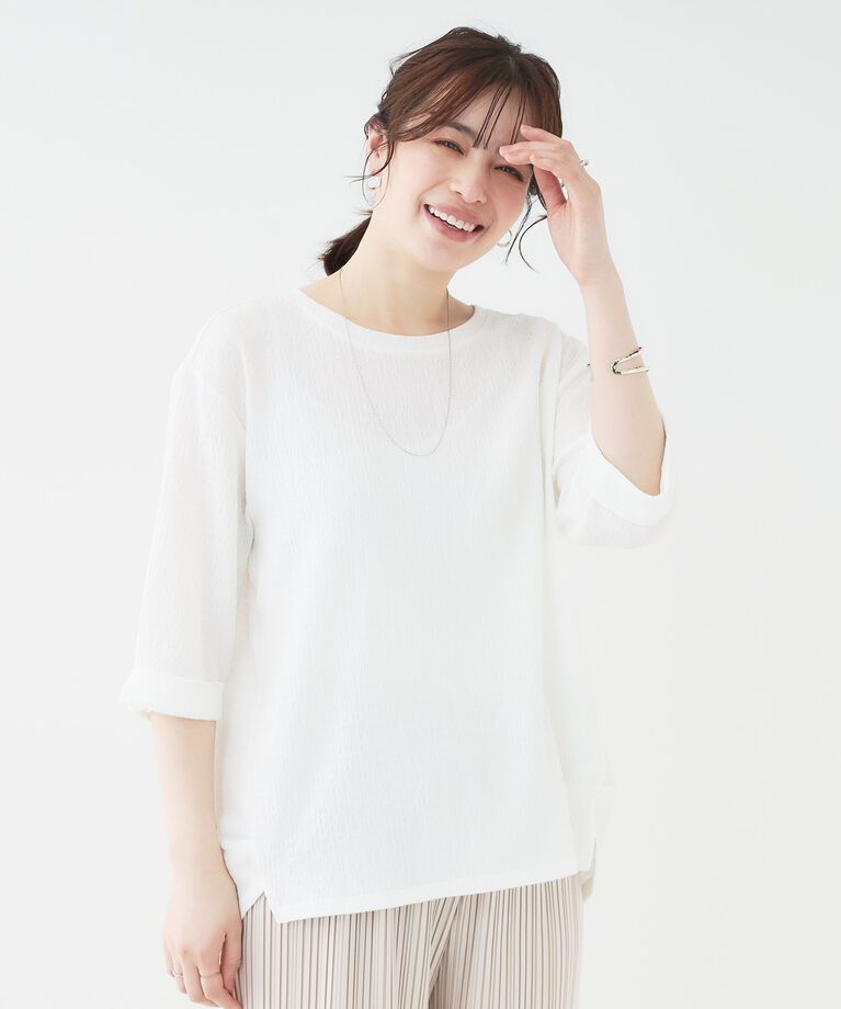 SHOO･LA･RUE「【洗える/S-LL】表面感が魅力 インせず決まる 裾タック5分袖トップス」|Tシャツ・カットソー|