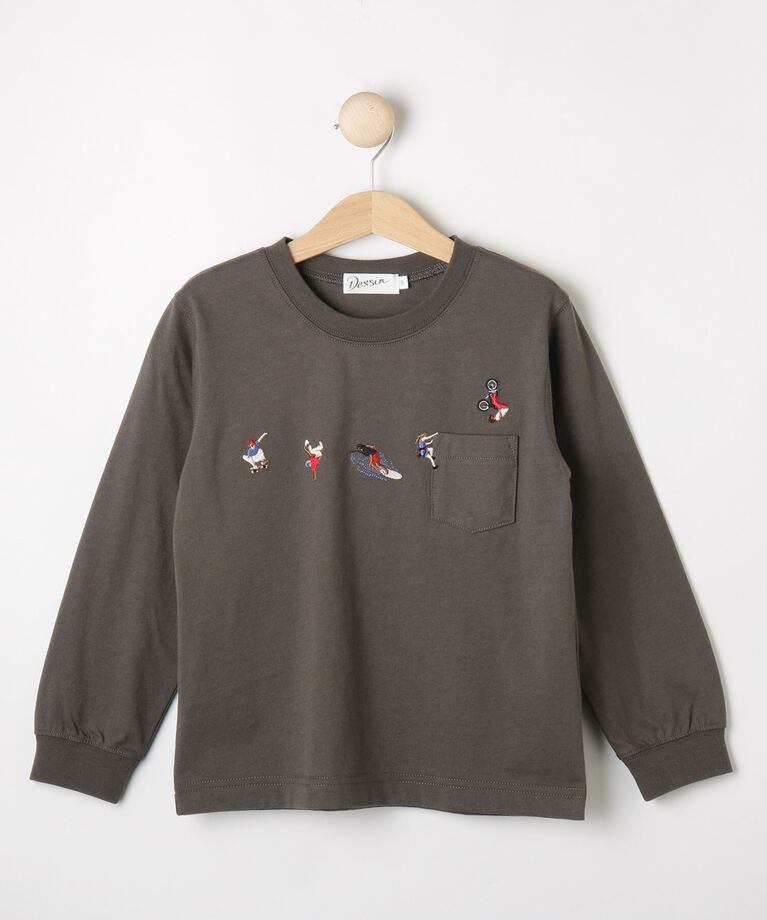 Dessin「【リンクコーデ】ピープル刺繍ロンT」|Tシャツ・カットソー|ﾁｬｺｰﾙｸﾞﾚｰ(014)