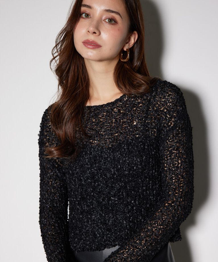 rienda「バックリボンメッシュニットトップス」|ニット・セーター|BLK